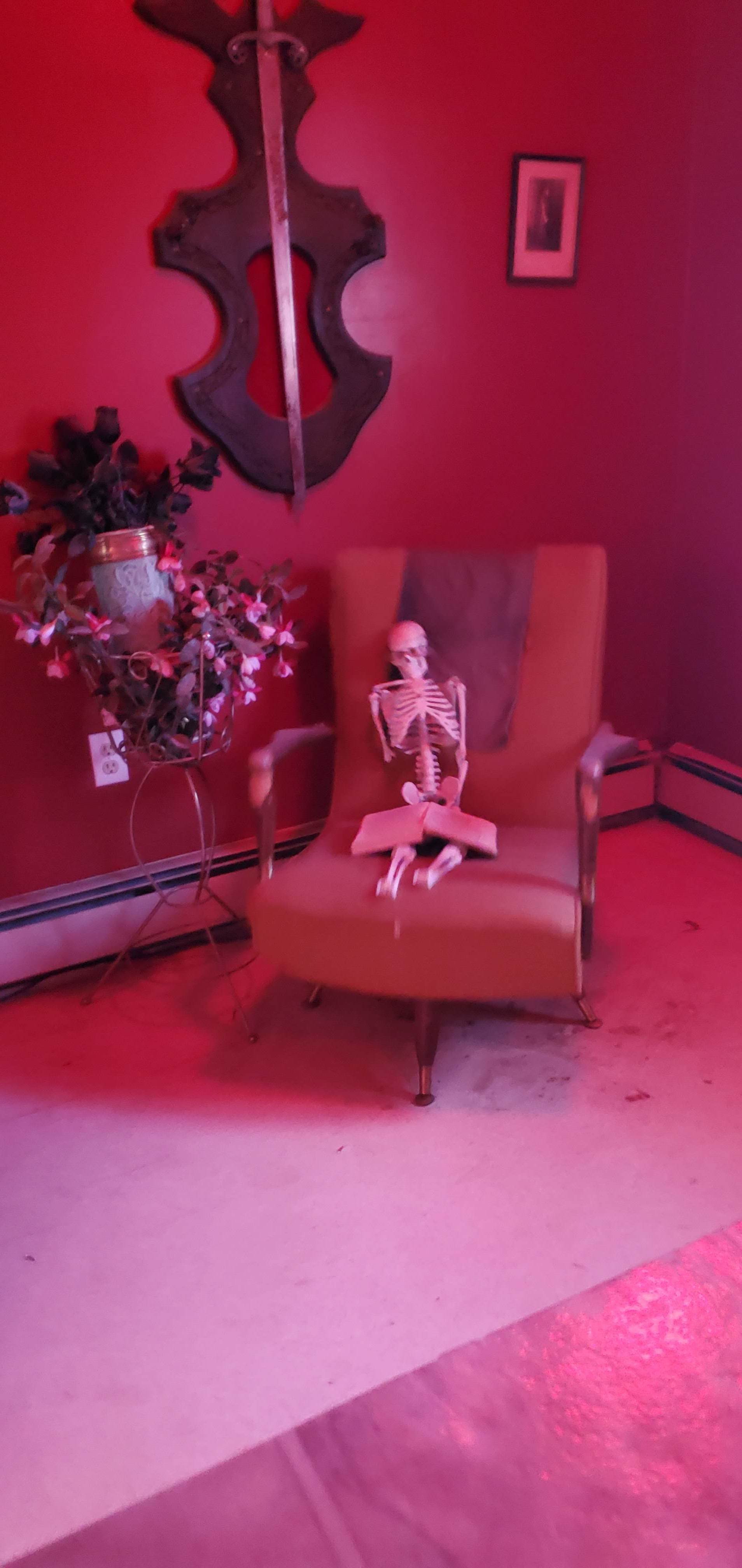 skeleton in chair